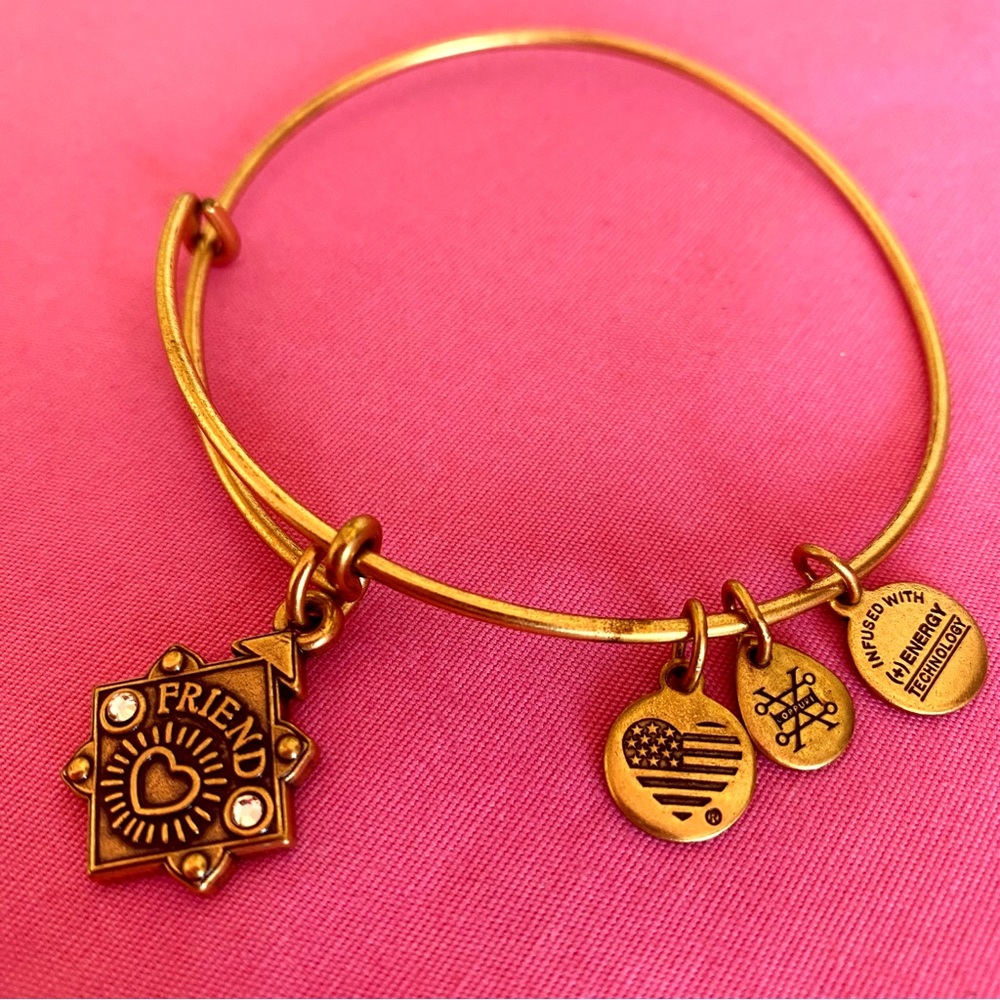 “Friend” Alex and Ani Gold Charm Bangle Bracelet Crystal Stone Rafaelian BFF
